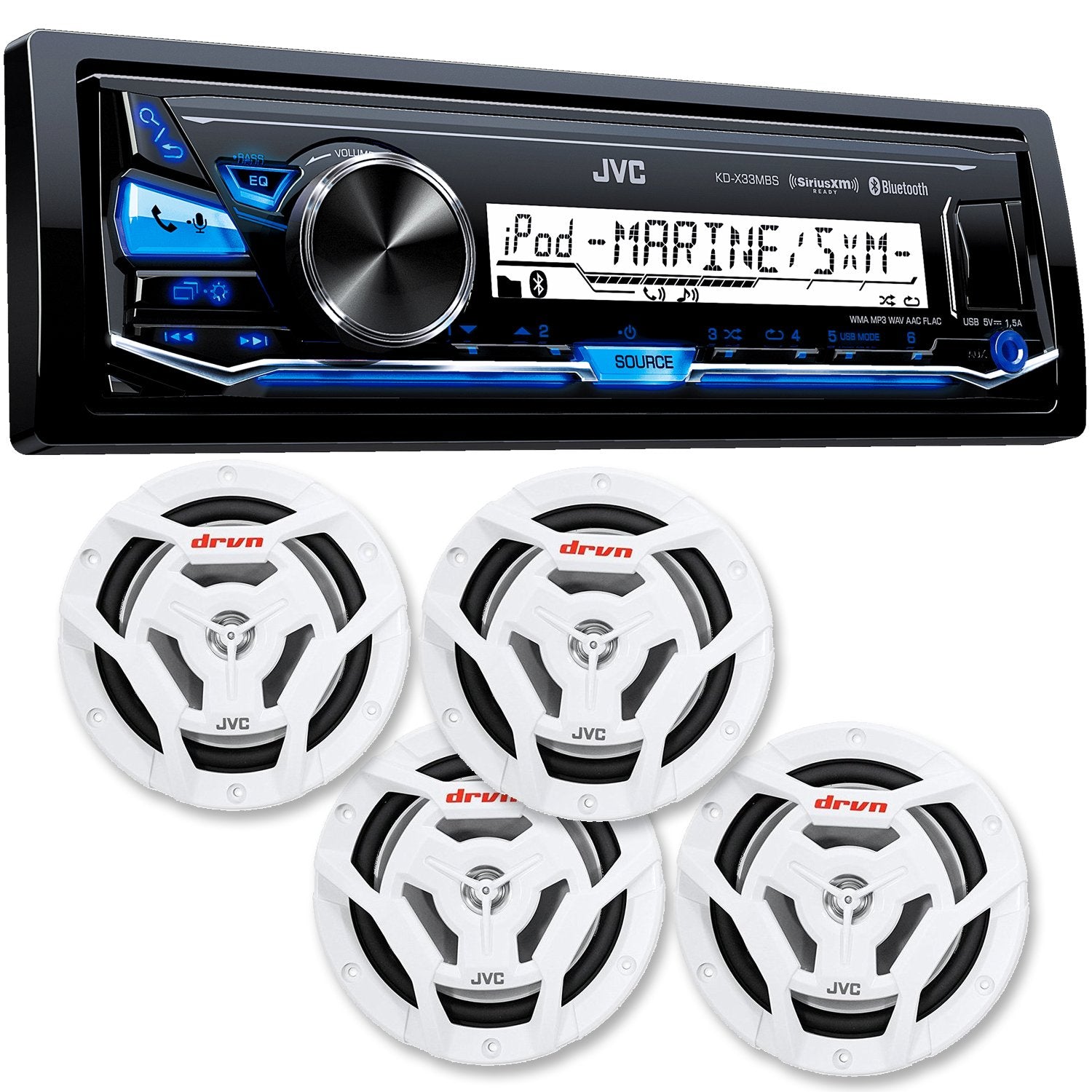 JVC KD-X33MBS Mechless Bluetooth Marine Radio and Two Pairs of JVC CS-DR6201MW 6.5 JVC KD-X33MBS Mechless Bluetooth Marine Radio and Two Pairs of JVC CS-DR6201MW 6.5